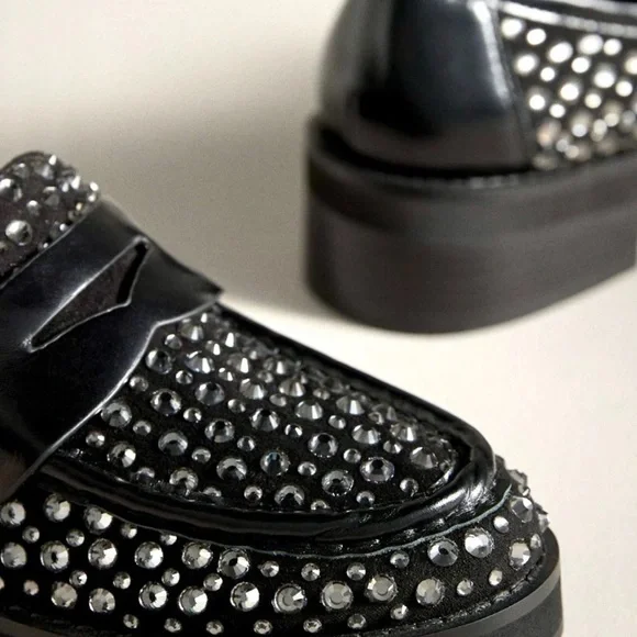 Anthropologie Bibi Lou Jaya Gem Loafers Black Leather Jewels - Picture 7 of 12